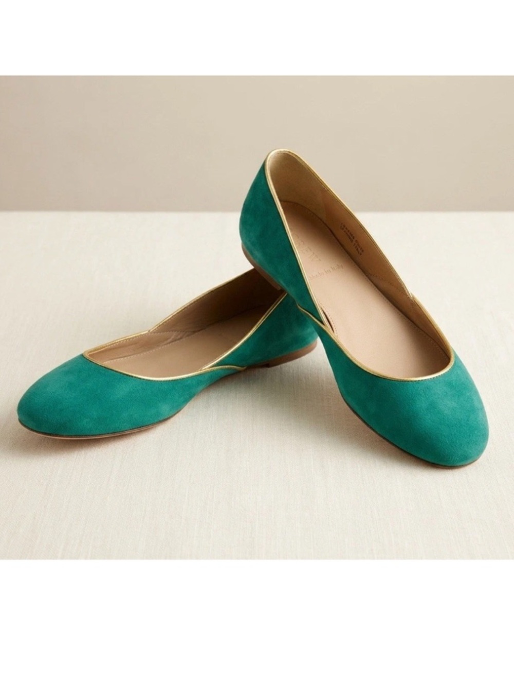 J.Crew Teal Suede Italian Ballet Flats Gold Trim 6.5